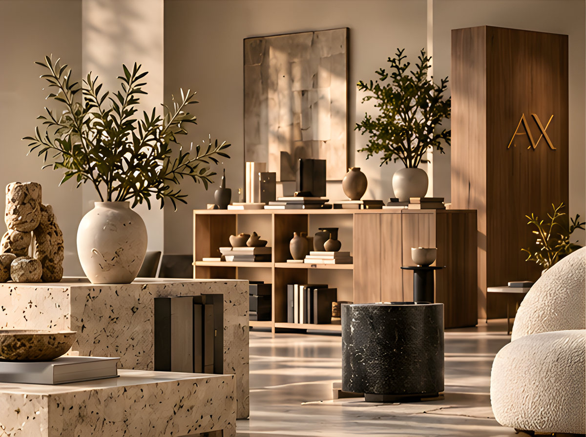 Concept render: stone vessels, olive branches and terrazzo plinths in front of an oak column carrying the AX monogram
