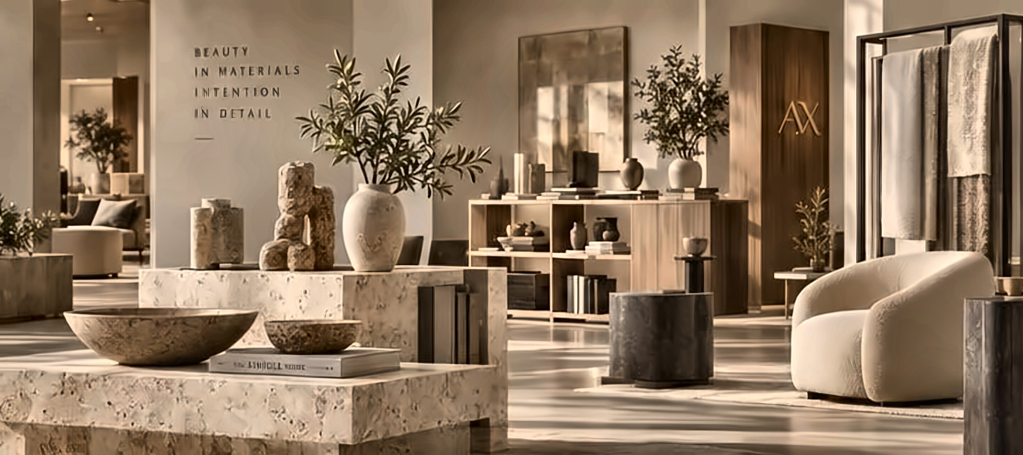 Stone vessels, bowls and sculptural objects on travertine plinths