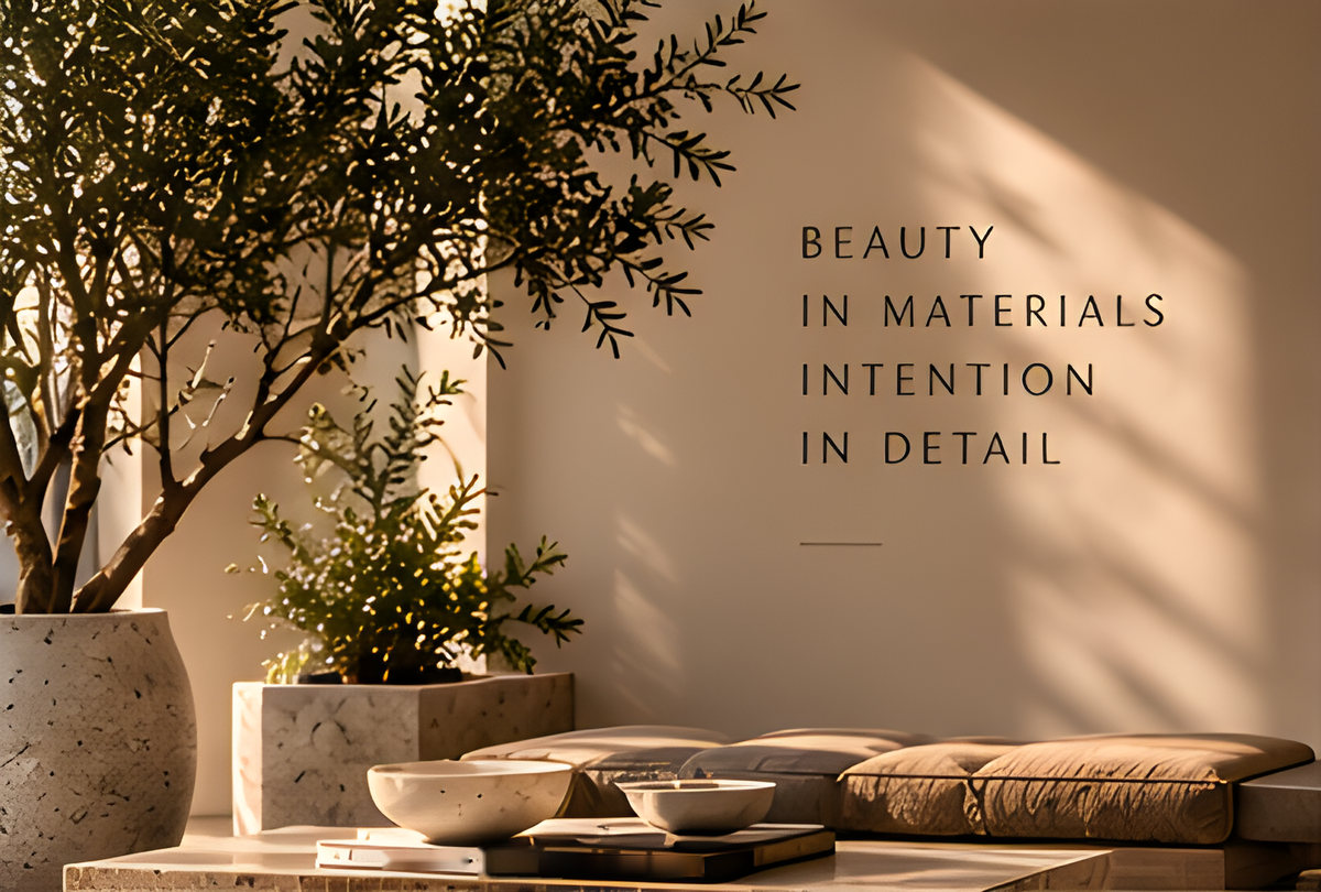 Concept render: a lounge corner with an olive tree, a travertine table and the line Beauty in materials, intention in detail on the wall