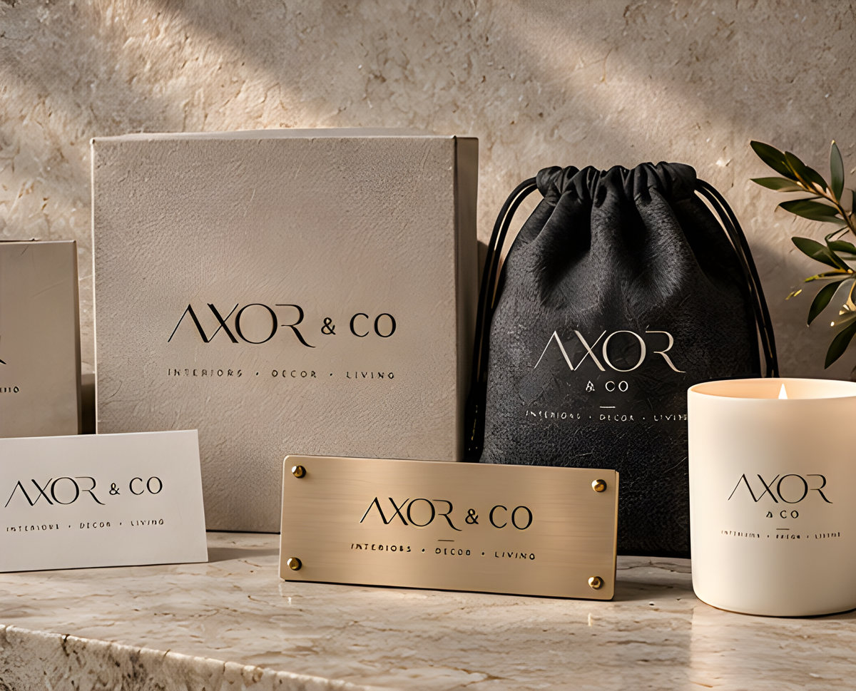 Concept render: an Axor & Co gift box, candle, card, brass plaque and pouch on a stone surface