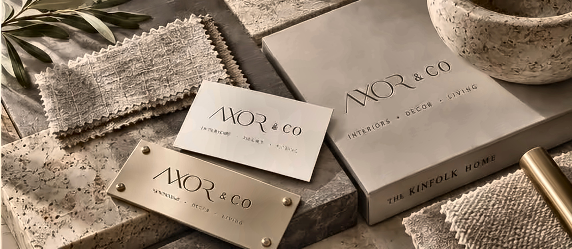 Linen swatches, brushed metal plaques and stone samples arranged on a marble surface
