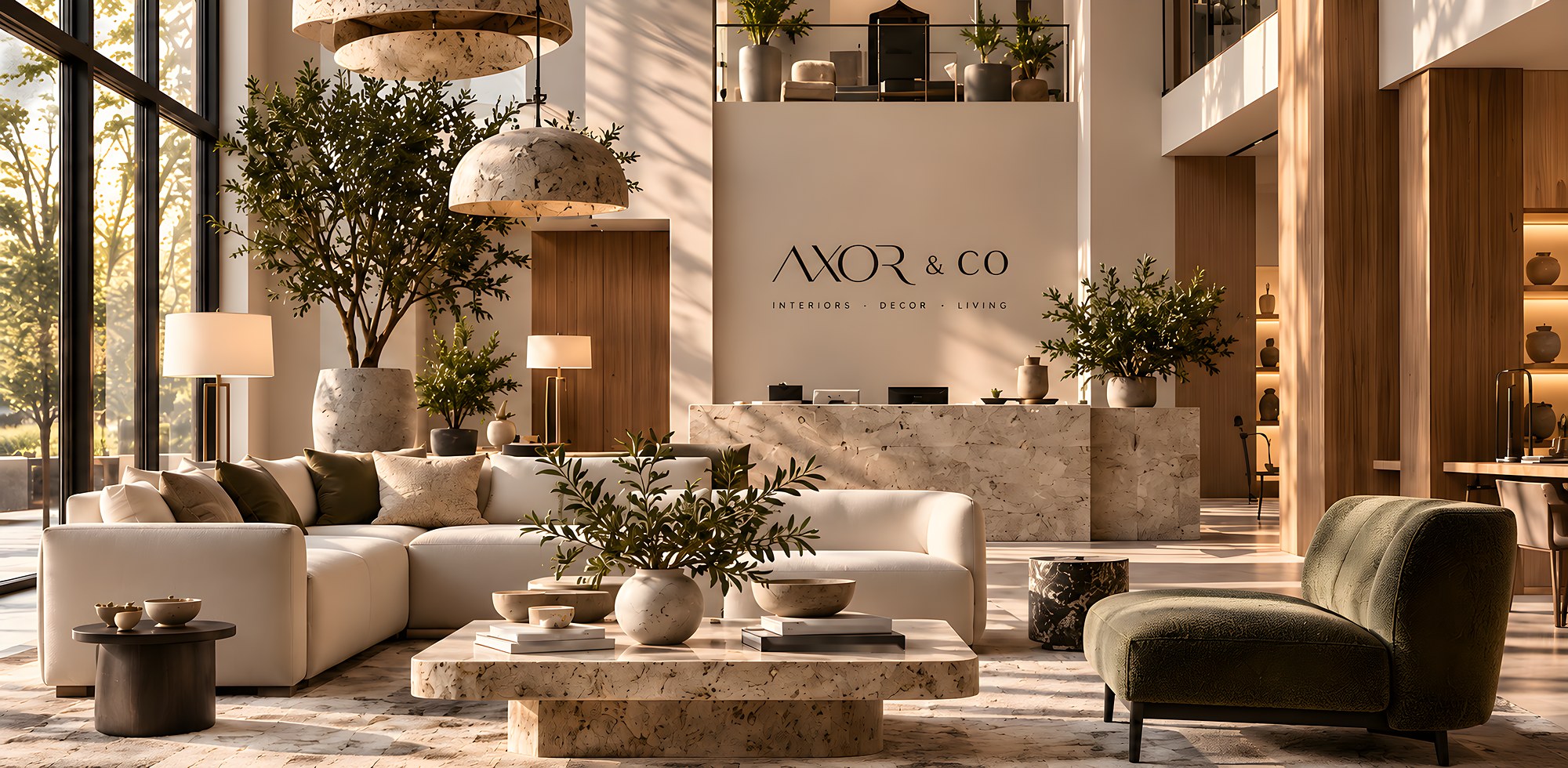 Concept render of an Axor & Co interior: a cream sectional sofa, travertine tables and an olive velvet chair before a reception desk and the Axor & Co wall sign