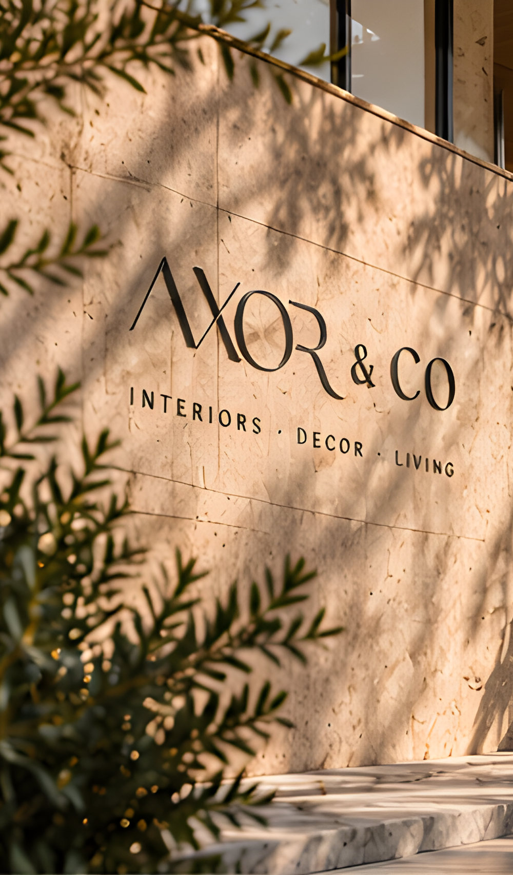Concept render: the Axor & Co name on a travertine wall, framed by olive branches in late sun